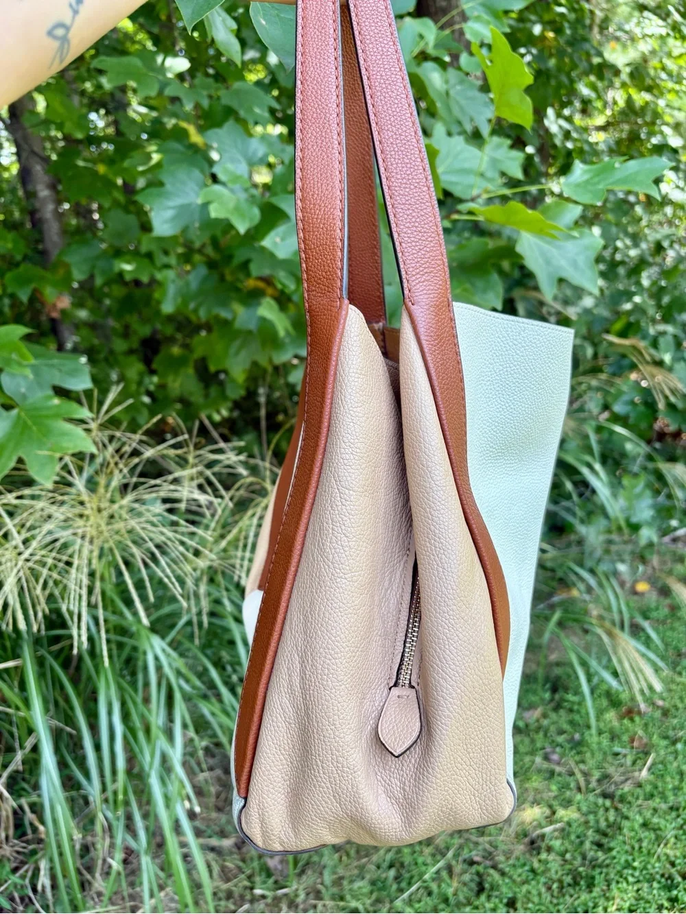Coach Hadley Hobo 76088 Colorblock Pebbled Leather Tote Chalk Tan Brown Multi